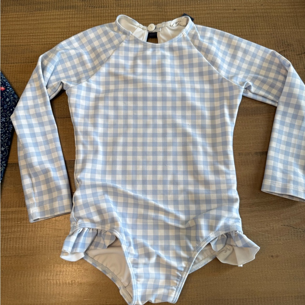 SOLD on cp - Minnow Rashguard One-Piece Swimsuit in Light Blue Gingham - 3/4t